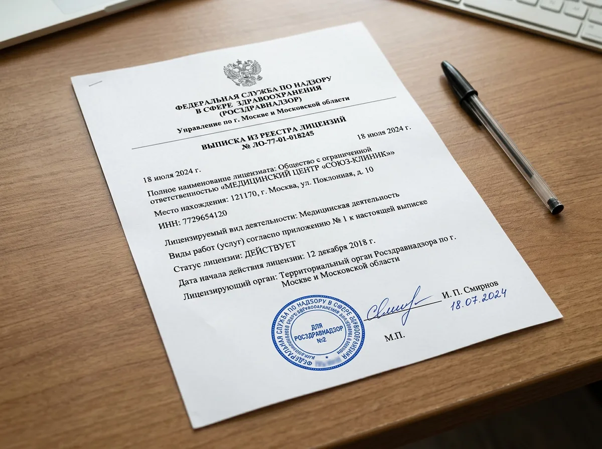 Выписка из реестра лицензий Росздравнадзора, официальный документ подтверждающий действующую медицинскую лицензию клиники, белый бланк с синей печатью